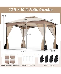 Gouun 10 x 12 ft Patio Gazebo with Netting Walls, Double-Tier Roof and 4 Sandbags