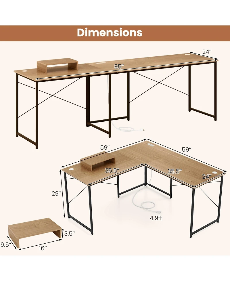 Gouun 2-Person L-Shaped Desk with Monitor Stand, Reversible