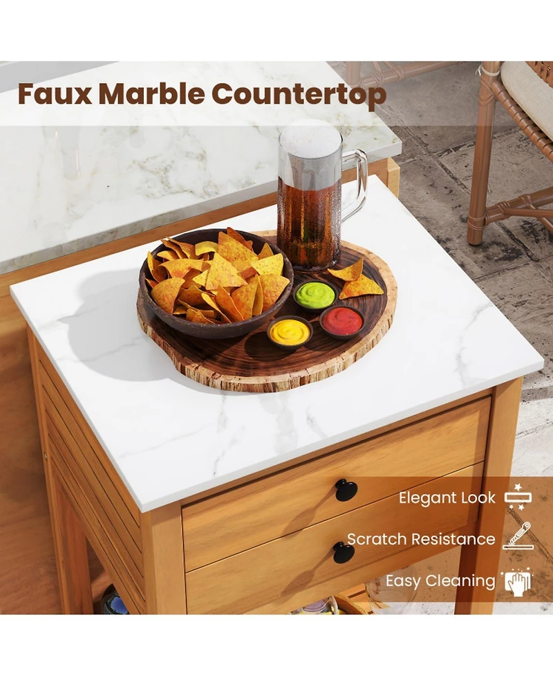 Sugift Patio Acacia Wood Storage Cabinet Buffet Bar Table with Faux Marble Countertop