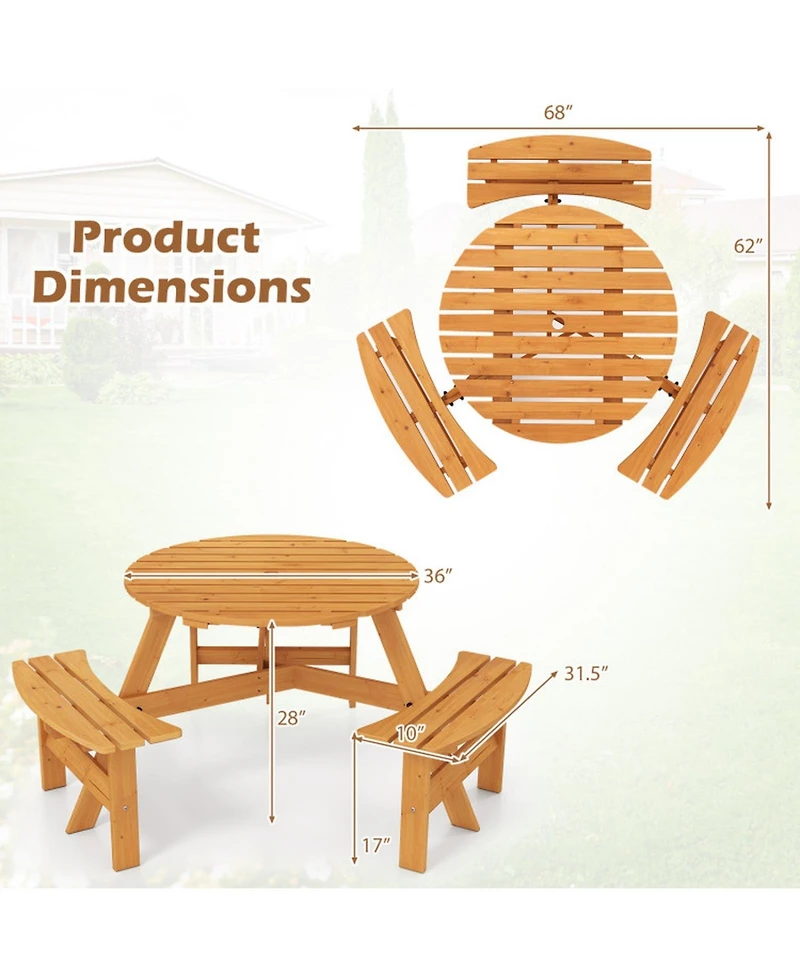 Sugift 6-Person Round Picnic Table Set with 3 Built-in Benches and Umbrella Hole