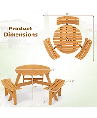 Sugift 6-Person Round Picnic Table Set with 3 Built-in Benches and Umbrella Hole