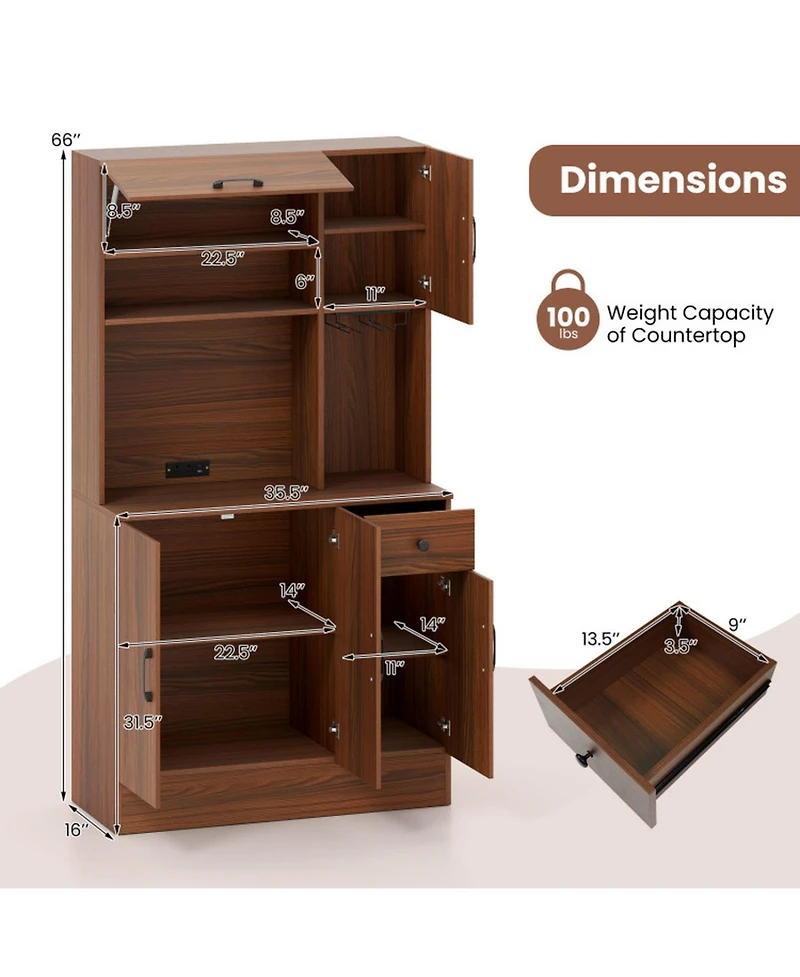 Gouun Kitchen Pantry Cabinet with Built-In Charging Station and Microwave Stand