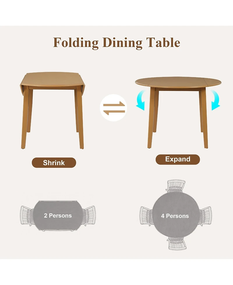 Rainsken Extendable Round Dining Table with Folding Drop Leaves, Space-Saving Wooden Table for 2-4 Persons in Dining Rooms and Kitchens