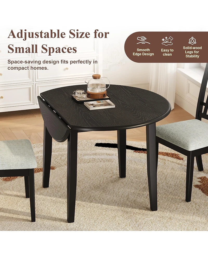 Rainsken Wooden Round Extendable Dining Table with Folding Sides, Compact Adjustable Table Ideal for 2-4 People and Limited Spaces