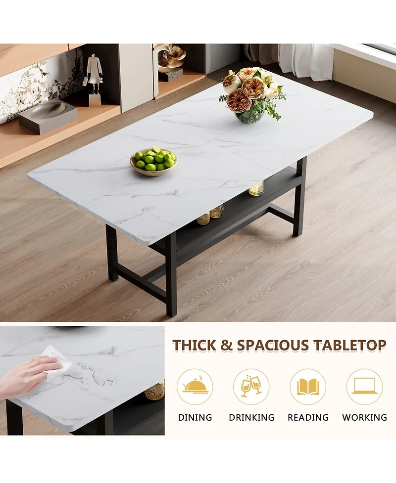 Rainsken 71" Rectangular Dining Table with Storage Shelf, Mdf Top and Metal Legs for Kitchen, Dining Room and Living Room