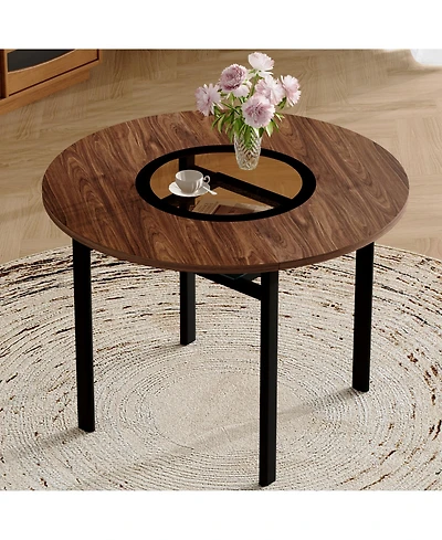 Rainsken 42" Round Dining Table with Wood-Grain Mdf Top and Glass Inlay, Minimalist Table with Storage Shelf for Small Spaces