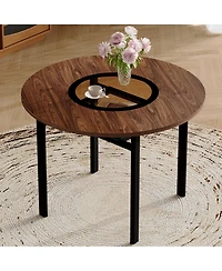 Rainsken 42" Round Dining Table with Wood-Grain Mdf Top and Glass Inlay, Minimalist Table with Storage Shelf for Small Spaces