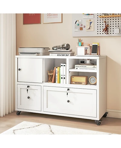 Rainsken Metal Filing Cabinet with Lock, 2-Drawer File Cabinet with Open Storage Shelves and Full-Extension Slides, Holds A4/Legal/Letter Files