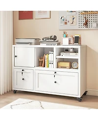 Rainsken Metal Filing Cabinet with Lock, 2-Drawer File Cabinet with Open Storage Shelves and Full-Extension Slides, Holds A4/Legal/Letter Files