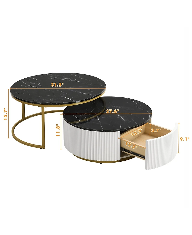 Rainsken Modern Round Nesting Coffee Table Set, Center Table with Drawers, Decorated with Grooves for Living Room and Home Office