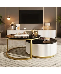 Rainsken Modern Round Nesting Coffee Table Set, Center Table with Drawers, Decorated with Grooves for Living Room and Home Office