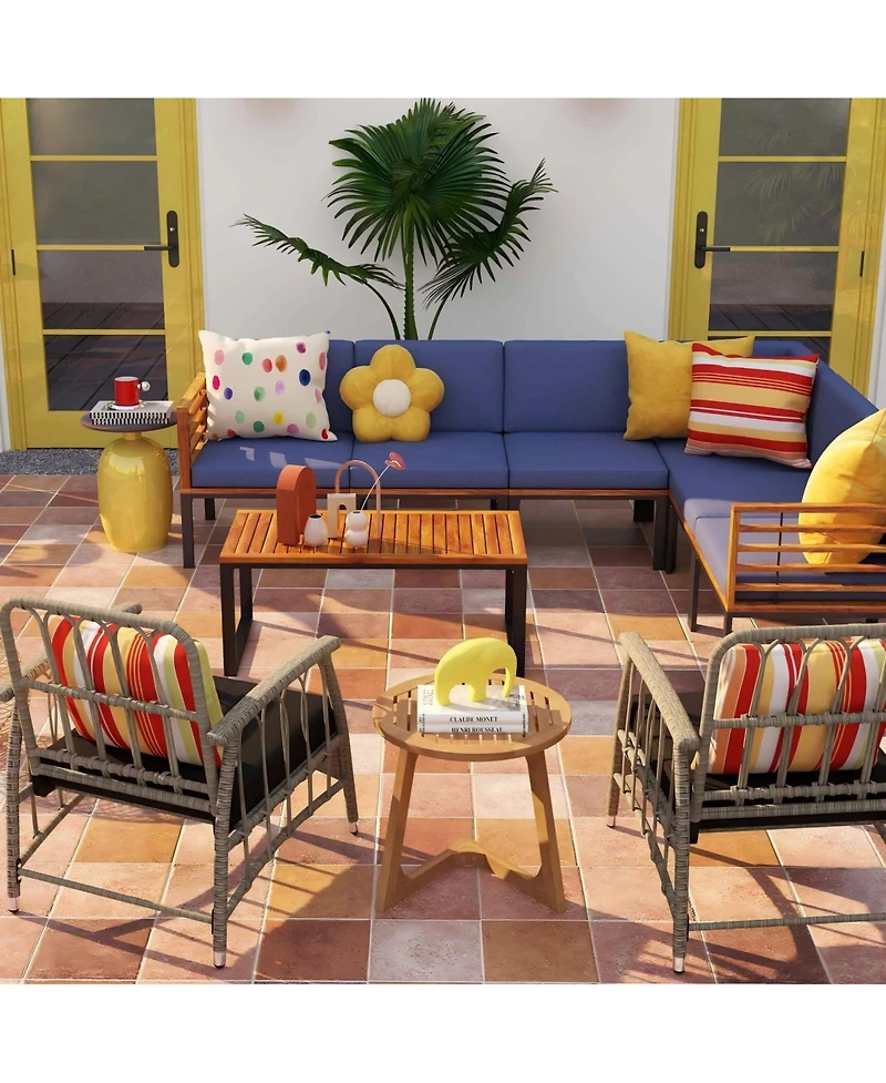 Sugift 3-Piece Patio Rattan Bistro Dining Set with Teak Wood Side Table