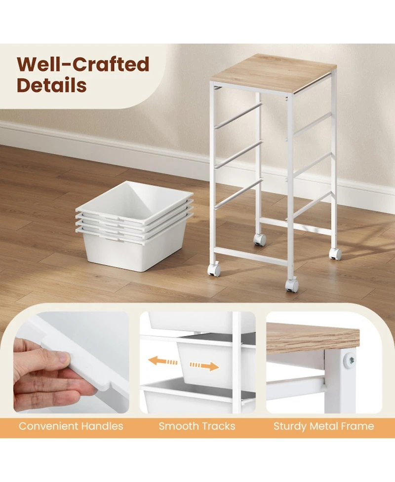 Gouun 5-Drawer Rolling Storage Cart with Wooden Tabletop, Metal Frame and Lockable Casters