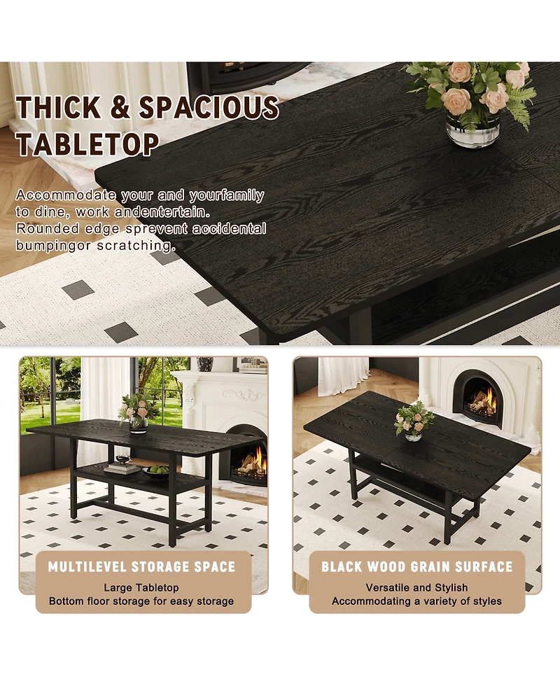 Rainsken 71" Rectangular Kitchen Dining Table with Storage Shelf, Practical Mdf Wood Table and Metal Legs for Home Dining Area