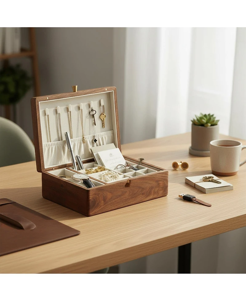 Yigii Black Walnut Solid Wooden 2 Layer Jewelry Organizer with Removable Tray Velvet Interior Magnet Closure Gift for Women