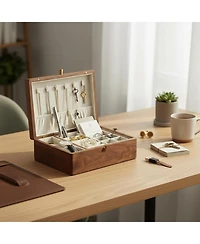 Yigii Black Walnut Solid Wooden 2 Layer Jewelry Organizer with Removable Tray Velvet Interior Magnet Closure Gift for Women