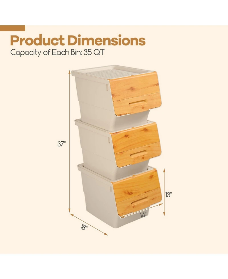 Gouun Set of 3 Stackable Storage Bins on Wheels with Stay-Open Lids, 35 Qt Each