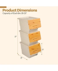 Gouun Set of 3 Stackable Storage Bins on Wheels with Stay-Open Lids, 35 Qt Each