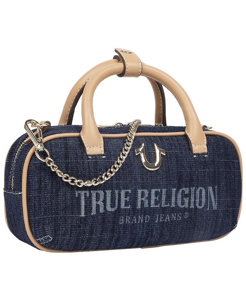 True Religion Bentley Denim and Pu Mini Satchel - Women s Top Handle Crossbody Handbag with Chain Detail
