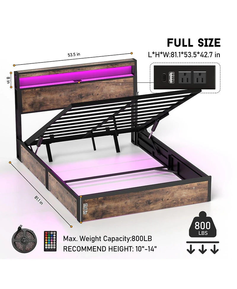 Lucky One Full Size Rustic Hydraulic Lift Storage Bed Frame - Metal Noise-Free Structure + Rgb Led