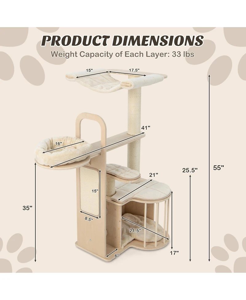 Cozito Cat Tree 55 in Multi-Level with Washable Cushions Hammock