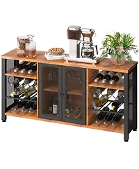 Gouun Industrial Bar Cabinet with Wine Racks and Glass Holders, Metal Mesh Door Sideboard