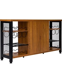 Gouun Industrial Bar Cabinet with Wine Racks and Glass Holders, Metal Mesh Door Sideboard