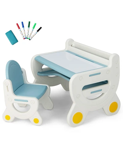 Gouun Kids Drawing Table and Chair Set with Erasable Graffiti Desktop and Built-In Storage