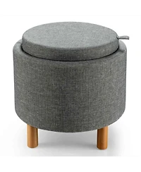 Gouun Round Fabric Storage Ottoman with Removable Tray Lid and Wood Legs