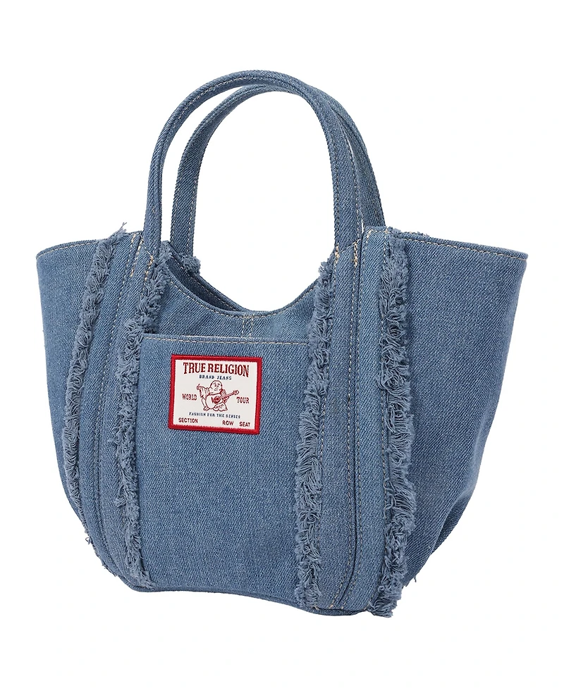True Religion Atlas Frayed Medium Tote Bag – Denim Carryall with Removable Crossbody Strap