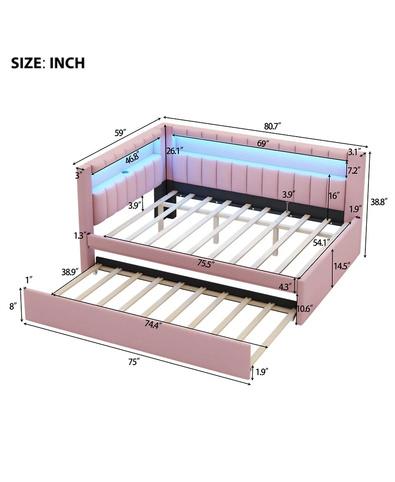 Rainsken Upholstered Daybed with Trundle, Built-in Usb Ports and Led, L-Shaped Day Bed, for Bedroom Living Room