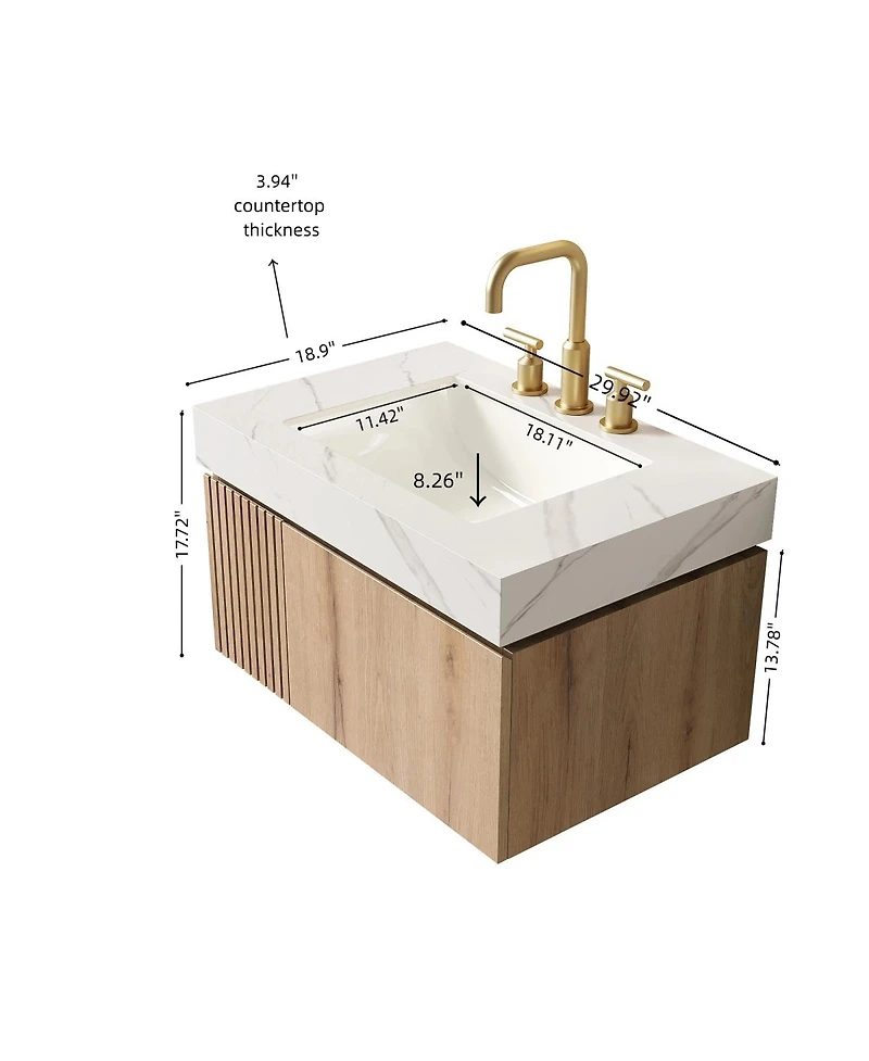 Sillysis Wall Mounted Bathroom Vanity with Carrara Sintered Stone Top, Ceramic Sink, Soft Close Cabinet, Pre-assembled