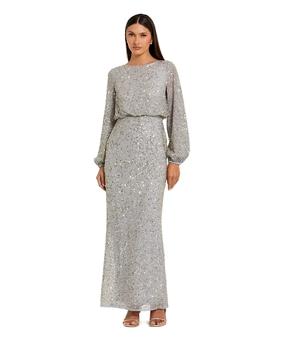 Mac Duggal Women's Beaded Mesh Blouson Sleeve Evening Gown