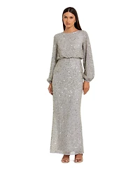 Mac Duggal Women's Beaded Mesh Blouson Sleeve Evening Gown