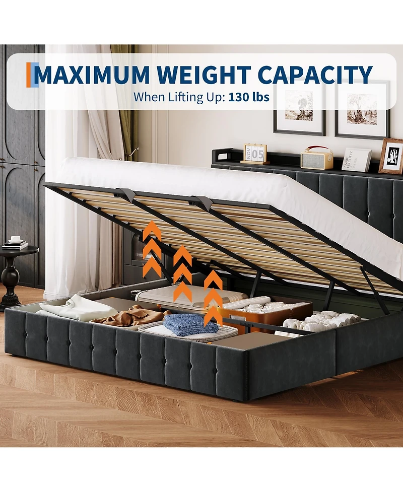 Homfan King Lift-Up Storage Bed Frame, Upholstered Metal Platform Bed with Storage Headboard, Button Tufted, No Box Spring