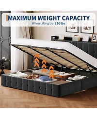 Homfan King Lift-Up Storage Bed Frame, Upholstered Metal Platform Bed with Storage Headboard, Button Tufted, No Box Spring