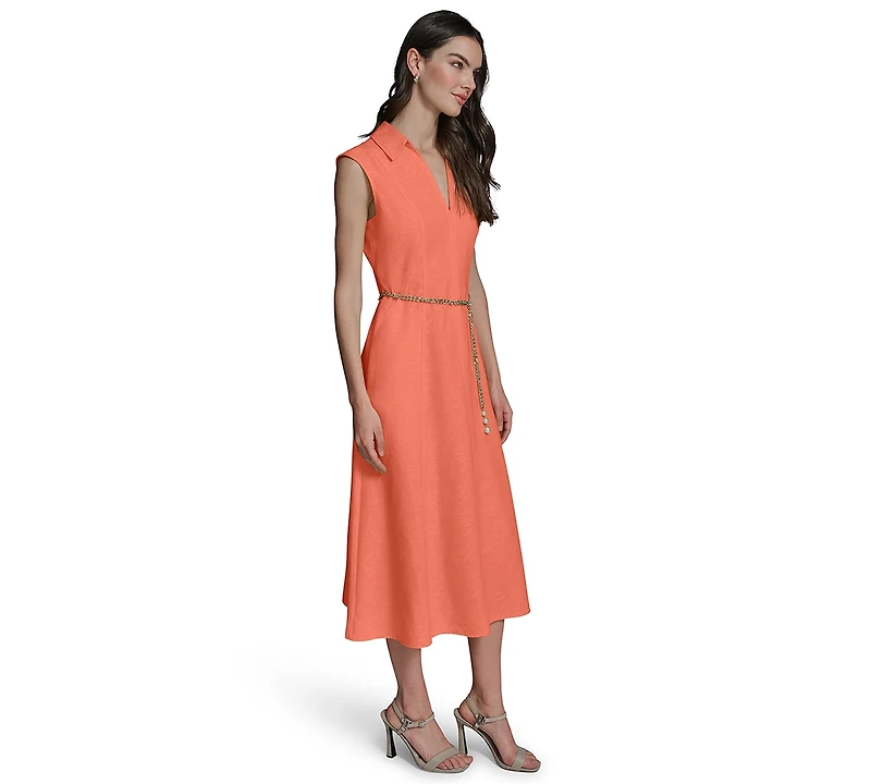 Karl Lagerfeld Paris Women's Collared Chain Belt Midi Dress
