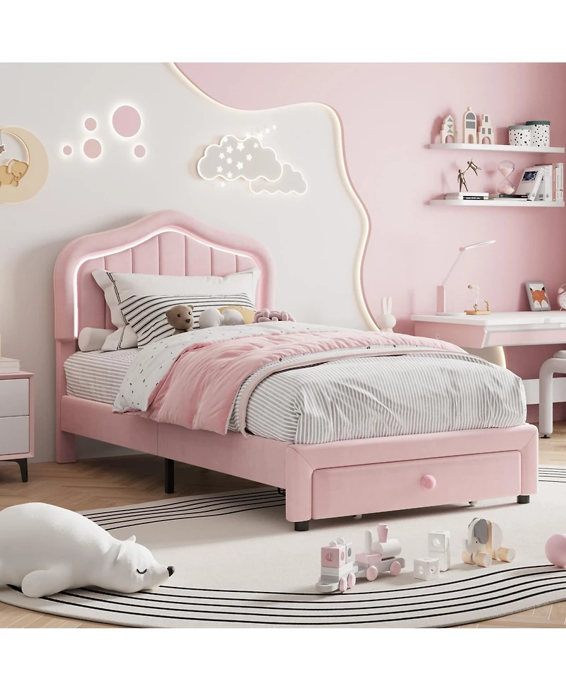 Homfan Upholstered Bed Frame with Storage Drawer and Led Headboard, Wood Slats, No Box Spring Needed