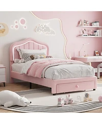 Homfan Upholstered Bed Frame with Storage Drawer and Led Headboard, Wood Slats, No Box Spring Needed