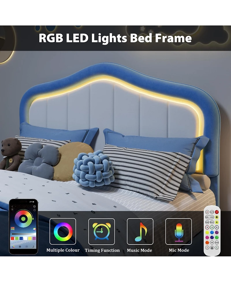 Homfan Upholstered Bed Frame with Storage Drawer and Led Headboard, Wood Slats