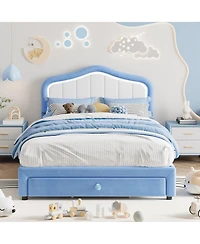 Homfan Upholstered Bed Frame with Storage Drawer and Led Headboard, Wood Slats