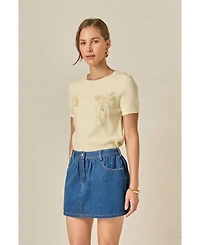 English Factory Women's Short Sleeve Knit Top with Bow Detail