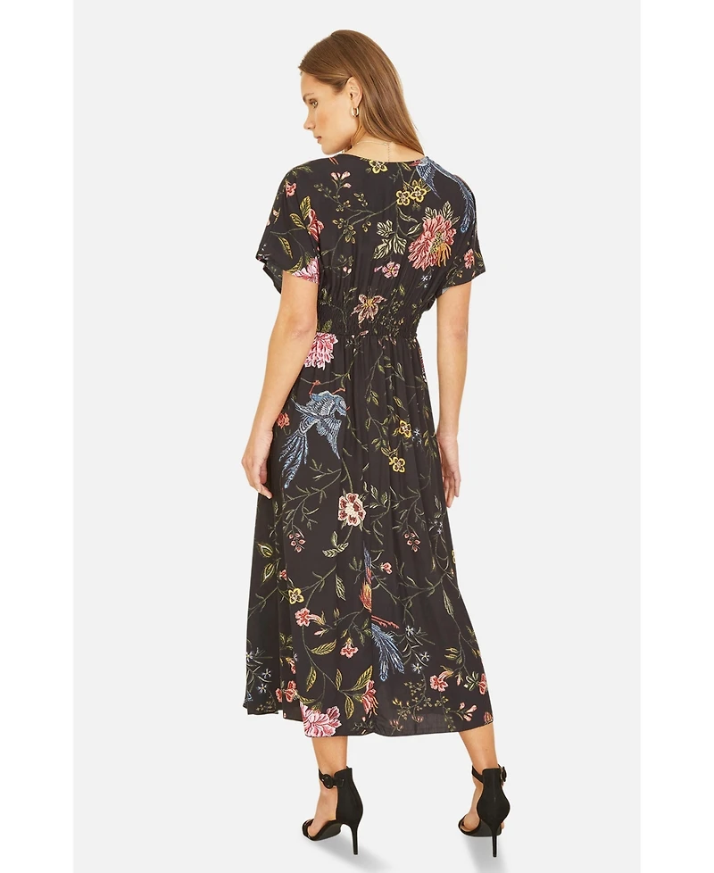 Yumi Women's Short Sleeve V-Neck Ruched Midi Dress