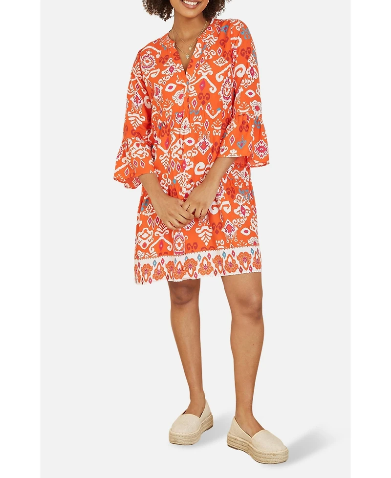 Yumi Women's Ikat Print 3/4 Sleeve Tunic Dress