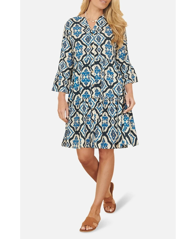 Yumi Women's Ikat Print 3/4 Sleeve Tunic Dress