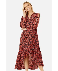 Yumi Women's Rose Print Dipped Hemline Midi Dress