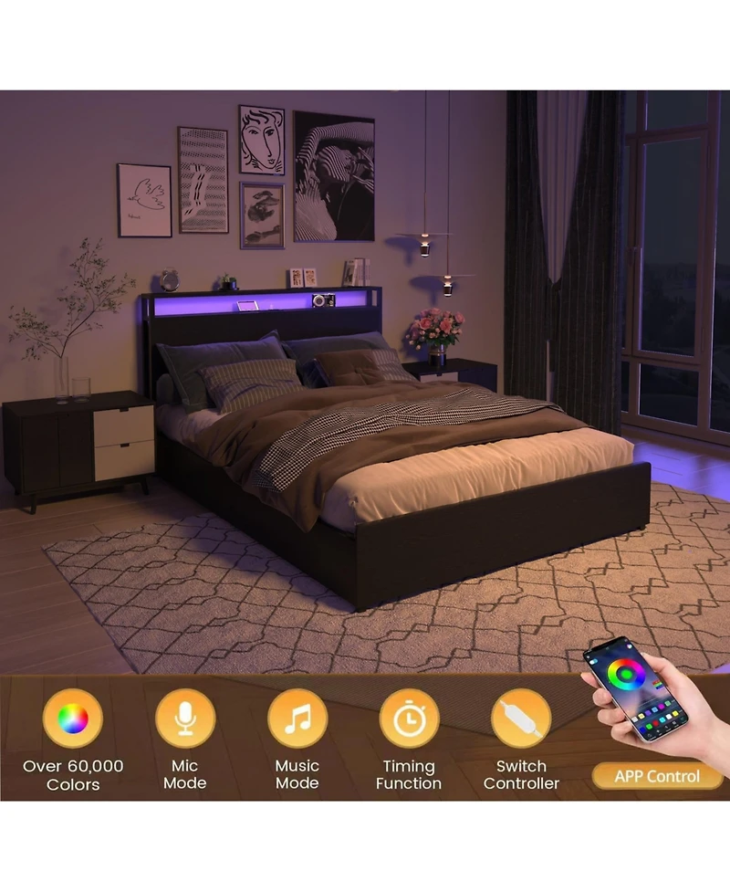 Lucky One Queen Bed Frame, Storage Headboard with Charging Station, Solid and Stable, Noise Free