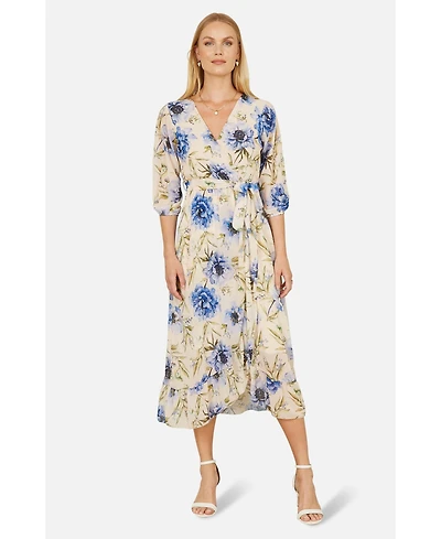 Yumi Women's 3/4 Sleeve V-Neck Wrap Midi Dress