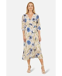 Yumi Women's 3/4 Sleeve V-Neck Wrap Midi Dress