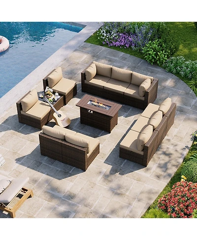 Aoxun 12 Piece Outdoor Wicker Patio Conversation Set with 44 Propane Fire Pit Table and Cushions